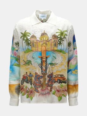 Casablanca White linen/ Multicolor Printed Long-Sleeve Polo Shirt